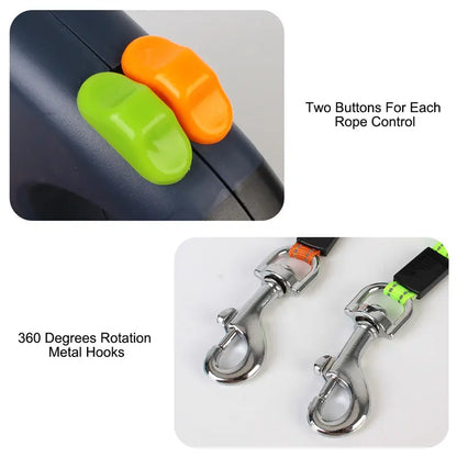 Retractable Dual Dog Leash – 360° Tangle-Free Swivel with Reflective Safety Strap