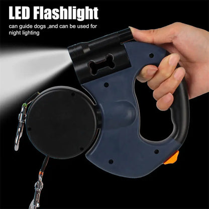 Retractable Dual Dog Leash – 360° Tangle-Free Swivel with Reflective Safety Strap