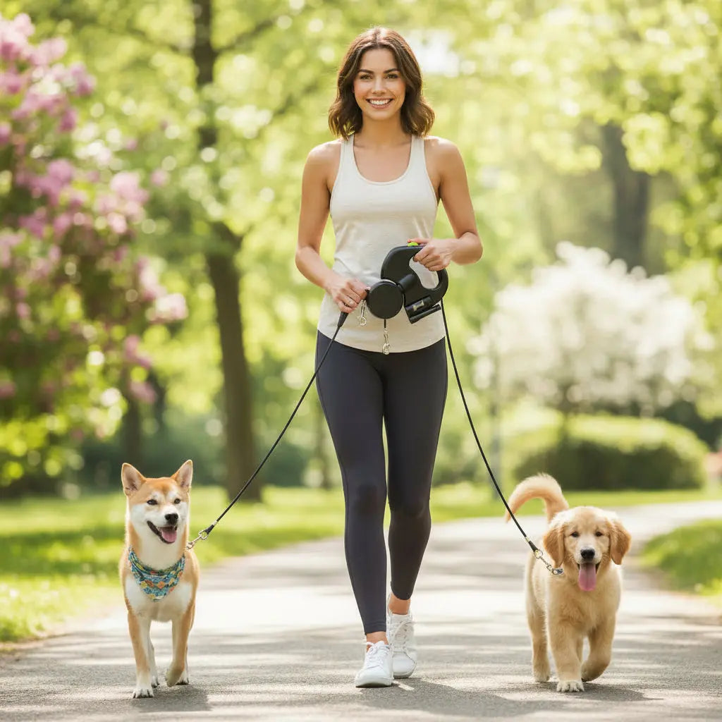 Retractable Dual Dog Leash – 360° Tangle-Free Swivel with Reflective Safety Strap